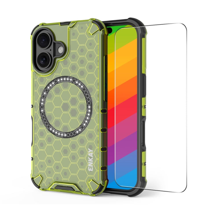 For iPhone 16 Plus ENKAY Hat-Prince Honeycomb MagSafe Shockproof Phone Case with Large Arc Edge Film(Green) - iPhone 16 Plus Cases by ENKAY | Online Shopping South Africa | PMC Jewellery | Buy Now Pay Later Mobicred