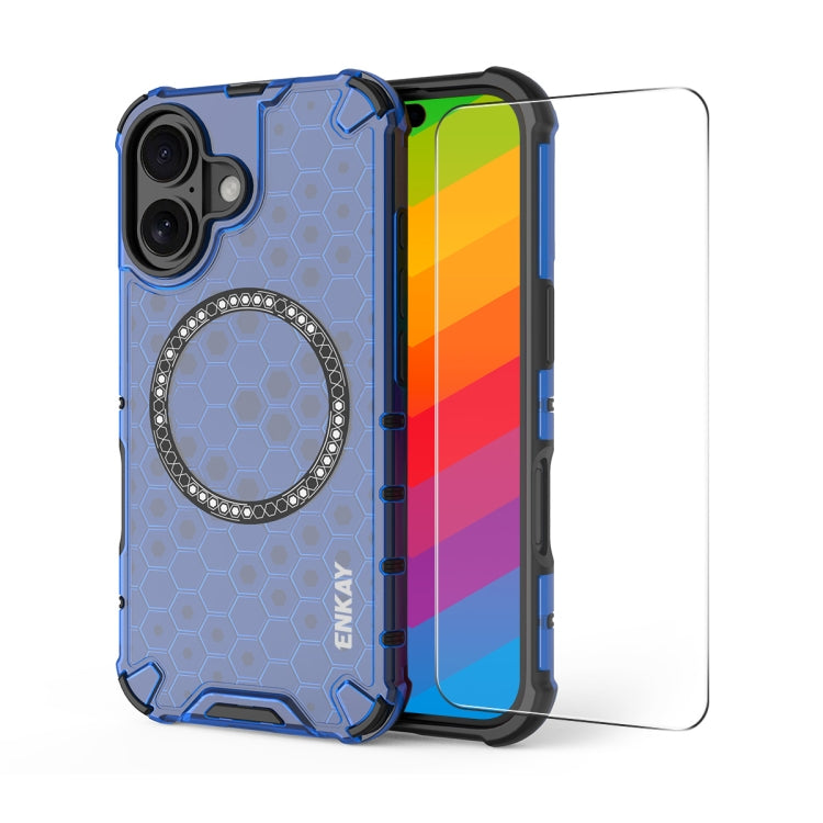 For iPhone 16 ENKAY Hat-Prince Honeycomb MagSafe Shockproof Phone Case with Large Arc Edge Film(Blue) - iPhone 16 Cases by ENKAY | Online Shopping South Africa | PMC Jewellery | Buy Now Pay Later Mobicred