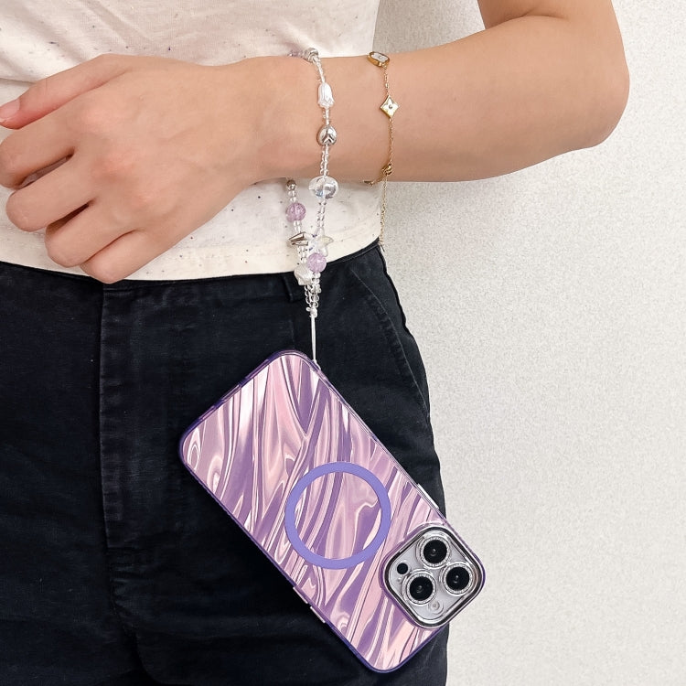 For iPhone 16 Pro Max Plating Texture Wristband MagSafe TPU Phone Case with Glitter Lens Film(White Water Ripples) - free shipping - PMC Jewellery - Order now!