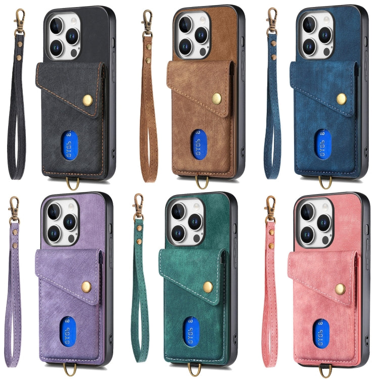 For iPhone 16e Retro Card Wallet Fold Leather Phone Case with Strap(Purple) - iPhone 16e Cases by PMC TechLife | Online Shopping South Africa | PMC TechLife | Buy Now Pay Later Mobicred