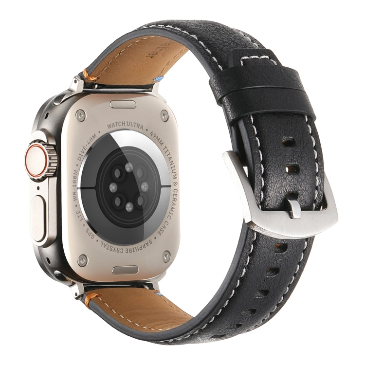 Stitched Genuine Leather Watch Band For Apple Watch 42mm / 41mm / 40mm / 38mm(Pull Up Leather Black) - Watch Bands by PMC TechLife | Online Shopping South Africa | PMC TechLife | Buy Now Pay Later Mobicred