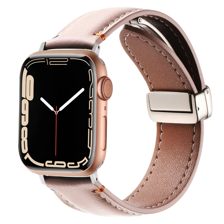Magnetic Buckle Stitched Genuine Leather Watch Band For Apple Watch 46mm / 49mm / 45mm / 44mm(Pink) - Watch Bands by PMC TechLife | Online Shopping South Africa | PMC TechLife | Buy Now Pay Later Mobicred