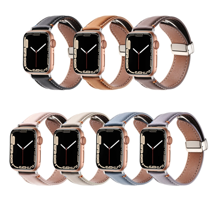 Magnetic Buckle Stitched Genuine Leather Watch Band For Apple Watch 46mm / 49mm / 45mm / 44mm(Pink) - Watch Bands by PMC TechLife | Online Shopping South Africa | PMC TechLife | Buy Now Pay Later Mobicred