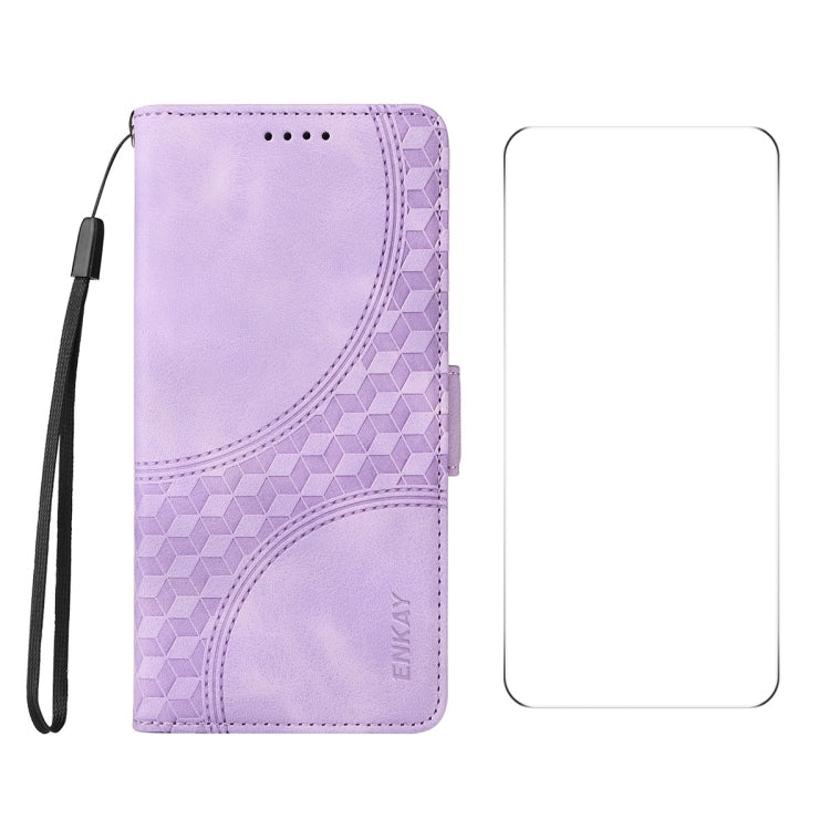 For iPhone 16 ENKAY Embossed Rhombus Starry Leather Phone Case with Screen Film(Purple) - iPhone 16 Cases by ENKAY | Online Shopping South Africa | PMC Jewellery | Buy Now Pay Later Mobicred