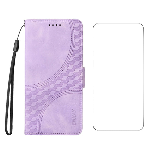 For iPhone 16 Pro ENKAY Embossed Rhombus Starry Leather Phone Case with Screen Film(Purple) - iPhone 16 Pro Cases by ENKAY | Online Shopping South Africa | PMC Jewellery | Buy Now Pay Later Mobicred