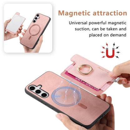 For Samsung Galaxy S25 5G Retro Cross Leather Ring Horizontal Insert Card Bag MagSafe Phone Case(Pink) - Galaxy S25 5G Cases by PMC Jewellery | Online Shopping South Africa | PMC Jewellery | Buy Now Pay Later Mobicred