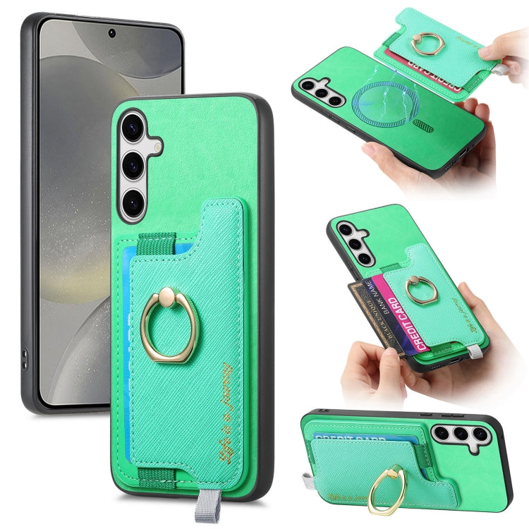 For Samsung Galaxy S25 5G Retro Cross Leather Ring Horizontal Insert Card Bag MagSafe Phone Case(Green) - Galaxy S25 5G Cases by PMC Jewellery | Online Shopping South Africa | PMC Jewellery | Buy Now Pay Later Mobicred