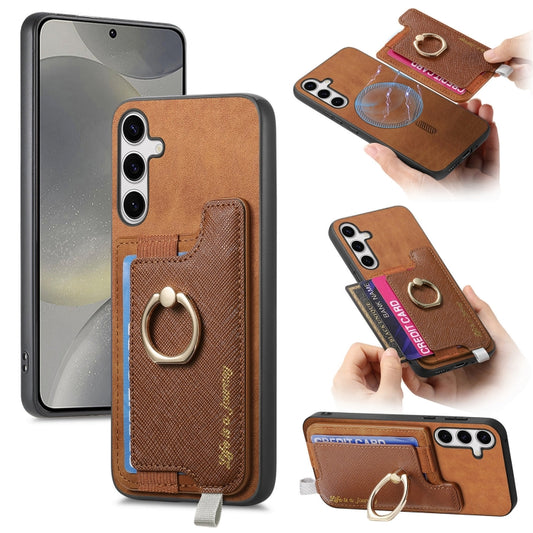 For Samsung Galaxy S25 5G Retro Cross Leather Ring Horizontal Insert Card Bag MagSafe Phone Case(Brown) - Galaxy S25 5G Cases by PMC Jewellery | Online Shopping South Africa | PMC Jewellery | Buy Now Pay Later Mobicred