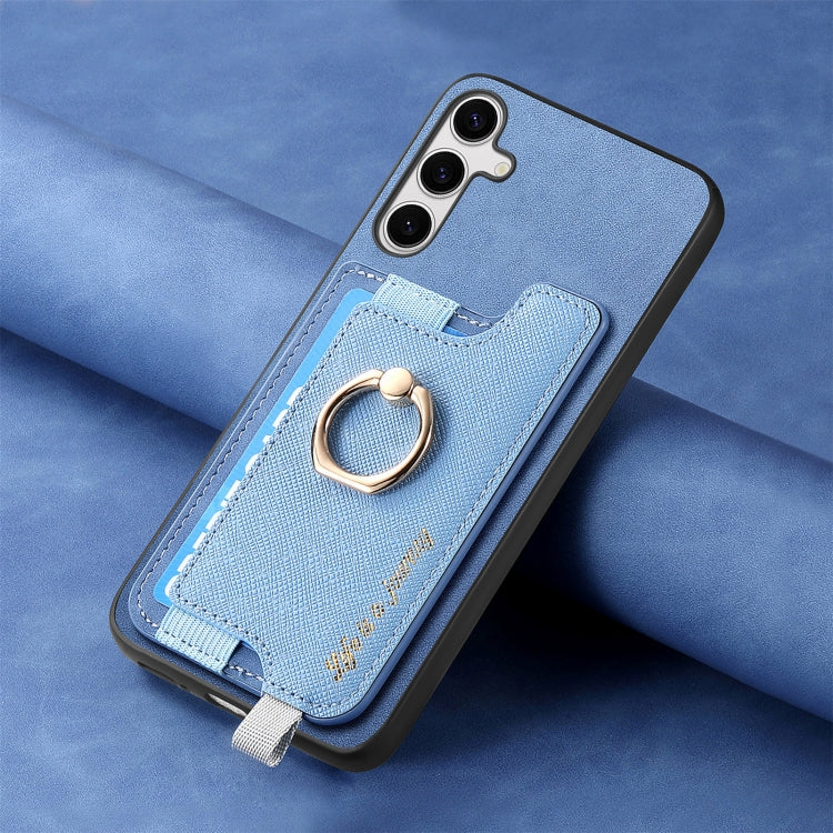 For Samsung Galaxy S25+ 5G Retro Cross Leather Ring Horizontal Insert Card Bag MagSafe Phone Case(Blue) - Galaxy S25+ 5G Cases by PMC Jewellery | Online Shopping South Africa | PMC Jewellery | Buy Now Pay Later Mobicred