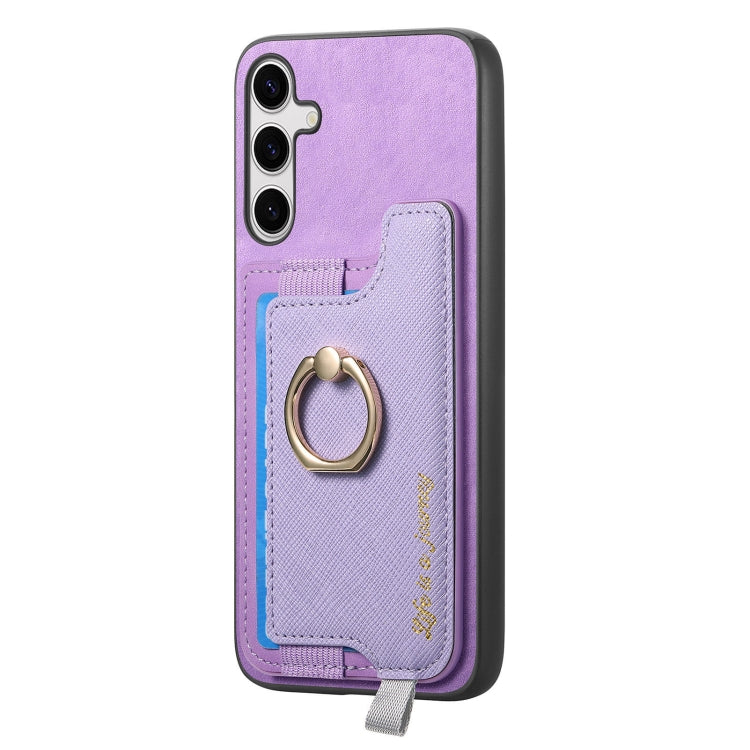 For Samsung Galaxy S25+ 5G Retro Cross Leather Ring Horizontal Insert Card Bag MagSafe Phone Case(Purple) - Galaxy S25+ 5G Cases by PMC Jewellery | Online Shopping South Africa | PMC Jewellery | Buy Now Pay Later Mobicred