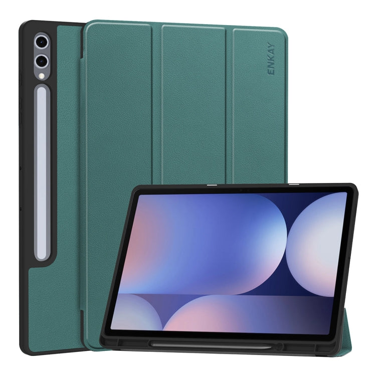 For Samsung Galaxy Tab S10+ / S9+ / S9 FE+ ENKAY Tri-fold Custer Texture TPU Leather Smart Tablet Case with Pen Slot(Dark Green) - free shipping - PMC Jewellery - Order now!
