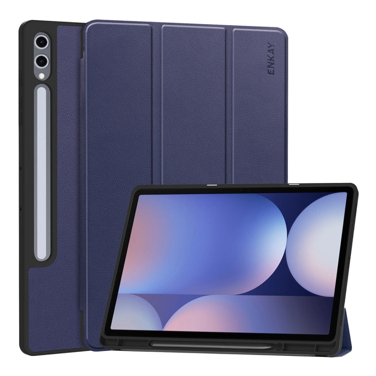 For Samsung Galaxy Tab S10 Ultra / S9 Ultra ENKAY Tri-fold Custer Texture TPU Leather Smart Tablet Case with Pen Slot(Dark Blue) - Galaxy Tab S9 Ultra Cases by ENKAY | Online Shopping South Africa | PMC Jewellery | Buy Now Pay Later Mobicred