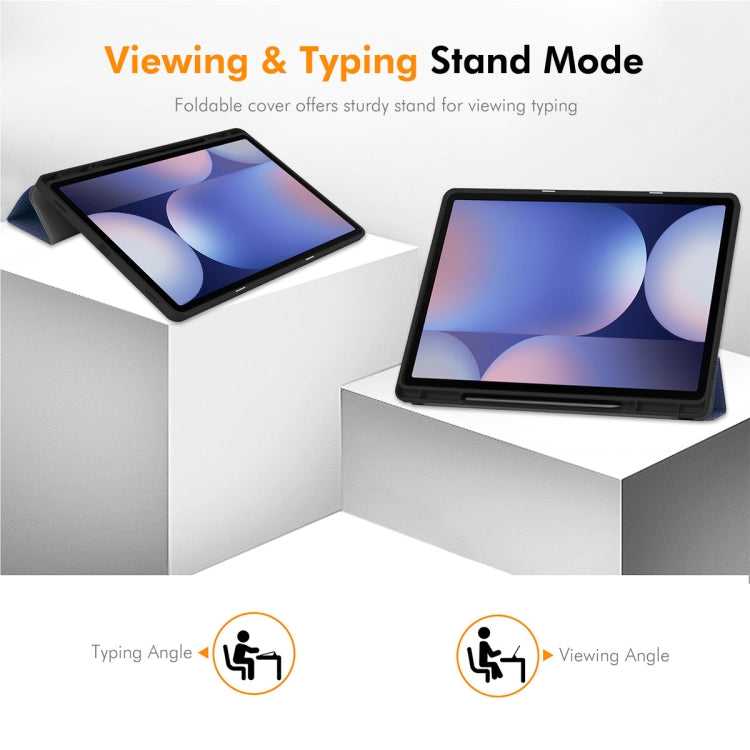 For Samsung Galaxy Tab S10 Ultra / S9 Ultra ENKAY Tri-fold Custer Texture TPU Leather Smart Tablet Case with Pen Slot(Dark Blue) - free shipping - PMC Jewellery - Order now!