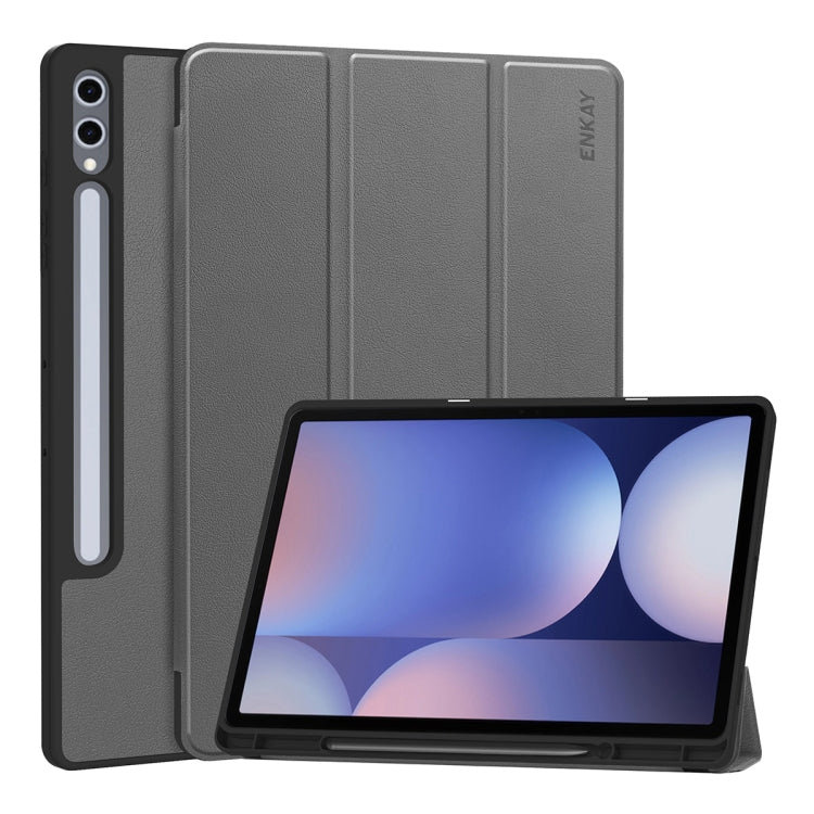 For Samsung Galaxy Tab S10 Ultra / S9 Ultra ENKAY Tri-fold Custer Texture TPU Leather Smart Tablet Case with Pen Slot(Grey) - free shipping - PMC Jewellery - Order now!