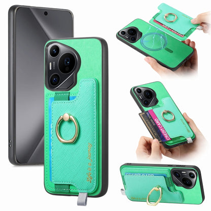 For Huawei Pura 70 Pro+ Retro Magsafe Cross Leather Ring Holder Card Bag Phone Case(Green) - Huawei Cases by PMC Jewellery | Online Shopping South Africa | PMC Jewellery | Buy Now Pay Later Mobicred