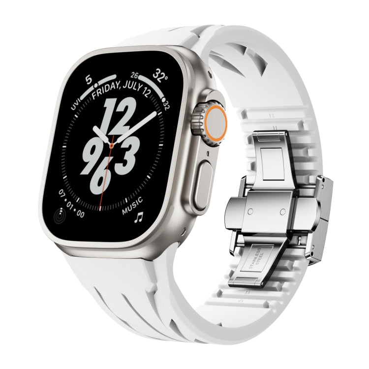 For Apple Watch 44mm / 45mm / 46mm / 49mm Tailor Stainless Steel Silver Butterfly Buckle Silicone Watch Band(White) - free shipping - PMC TechLife - Order now!