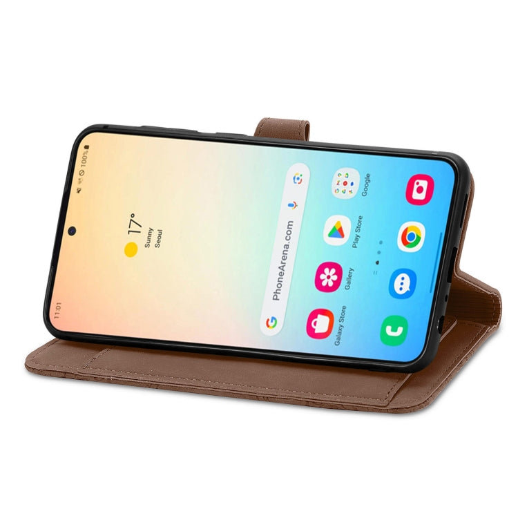 For Samsung Galaxy S25 5G Embossed Flower Zipper Leather Phone Case(Brown) - Galaxy S25 5G Cases by PMC TechLife | Online Shopping South Africa | PMC TechLife | Buy Now Pay Later Mobicred