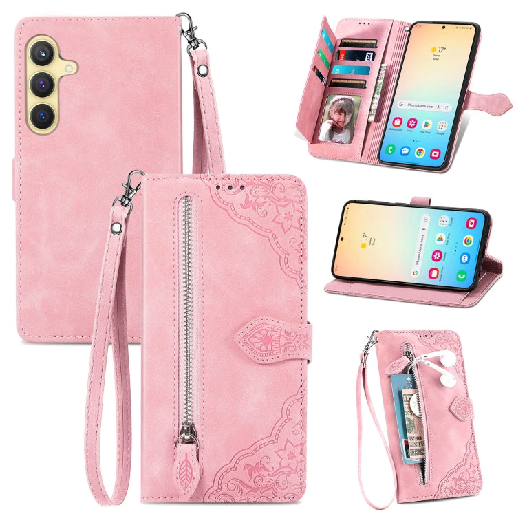 For Samsung Galaxy S25+ 5G Embossed Flower Zipper Leather Phone Case(Pink) - Galaxy S25+ 5G Cases by PMC TechLife | Online Shopping South Africa | PMC TechLife | Buy Now Pay Later Mobicred