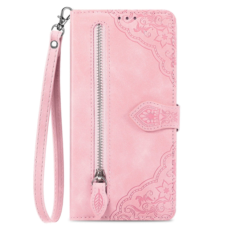 For Samsung Galaxy S25 Ultra 5G Embossed Flower Zipper Leather Phone Case(Pink) - Galaxy S25 Ultra 5G Cases by PMC TechLife | Online Shopping South Africa | PMC TechLife | Buy Now Pay Later Mobicred