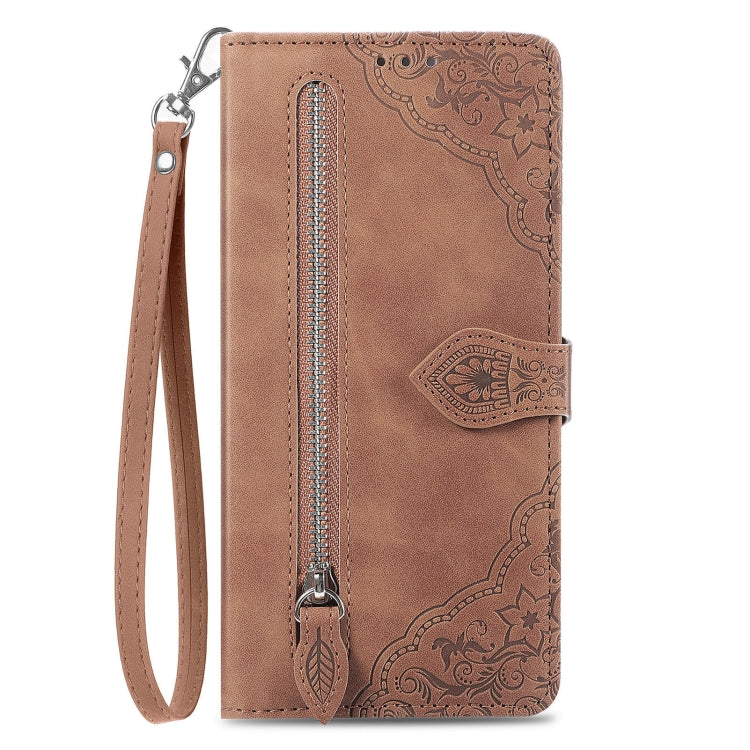 For Samsung Galaxy S25 Ultra 5G Embossed Flower Zipper Leather Phone Case(Brown) - Galaxy S25 Ultra 5G Cases by PMC TechLife | Online Shopping South Africa | PMC TechLife | Buy Now Pay Later Mobicred
