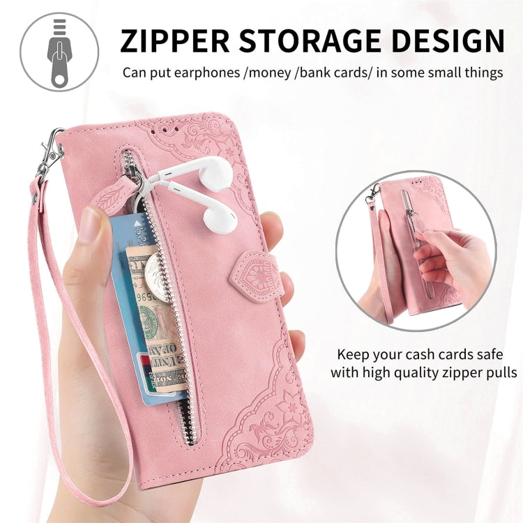 For Samsung Galaxy S25 5G Embossed Flower Zipper Leather Phone Case(Red) - Galaxy S25 5G Cases by PMC TechLife | Online Shopping South Africa | PMC TechLife | Buy Now Pay Later Mobicred