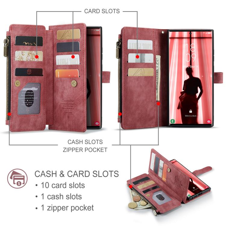 For Samsung Galaxy S25 Ultra 5G CaseMe C30 Card Slots Zipper Wallet Leather Phone Case(Red) - free shipping - PMC TechLife - Order now!