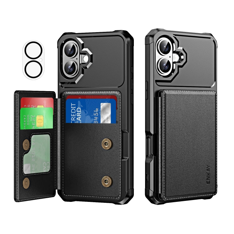 For iPhone 16 ENKAY Hat-Prince Card Slot Wallet TPU Back Leather Phone Case with Lens Film(Black) - iPhone 16 Cases by ENKAY | Online Shopping South Africa | PMC Jewellery | Buy Now Pay Later Mobicred