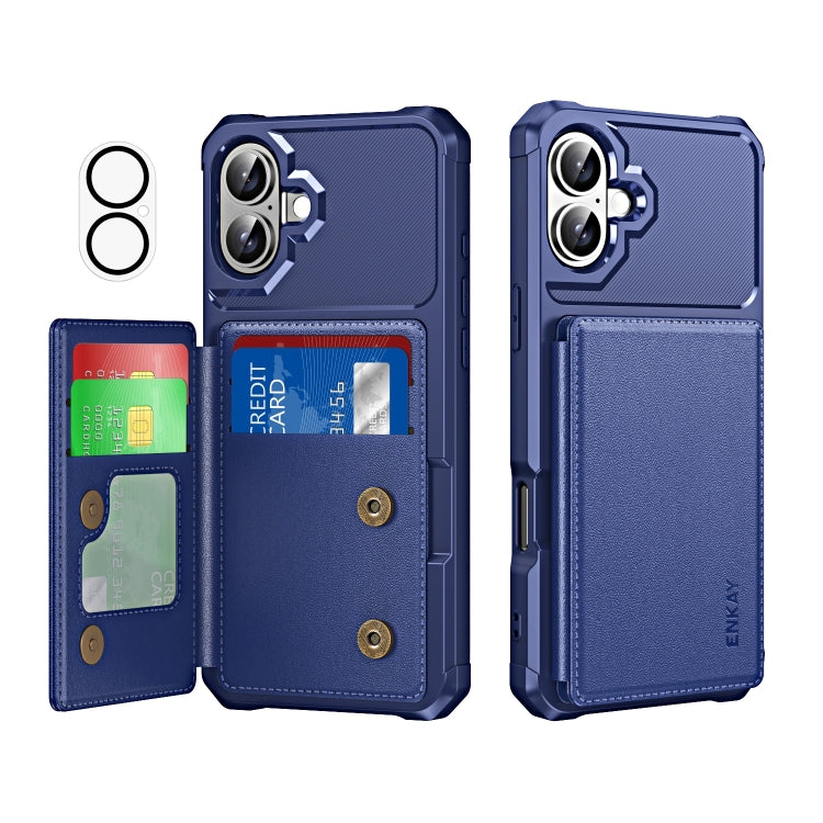 For iPhone 16 ENKAY Hat-Prince Card Slot Wallet TPU Back Leather Phone Case with Lens Film(Dark Blue) - free shipping - PMC Jewellery - Order now!