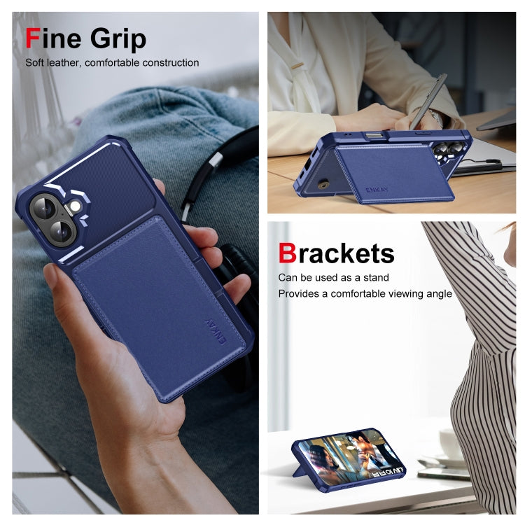 For iPhone 16 ENKAY Hat-Prince Card Slot Wallet TPU Back Leather Phone Case with Lens Film(Dark Blue) - iPhone 16 Cases by ENKAY | Online Shopping South Africa | PMC Jewellery | Buy Now Pay Later Mobicred