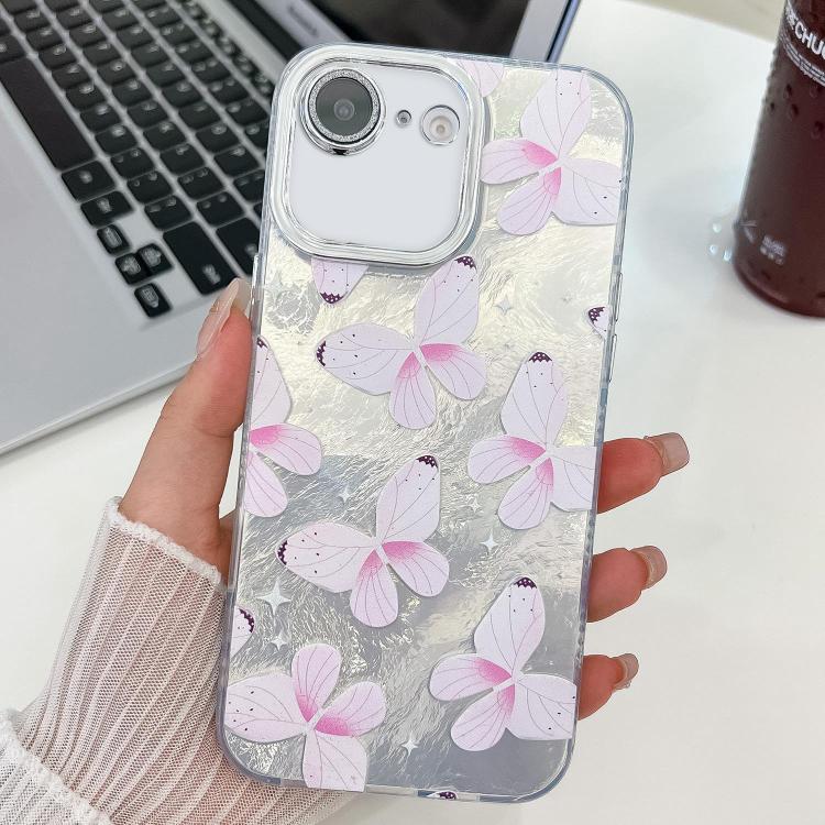 For iPhone 16e Plating Texture Butterfly TPU Phone Case with Glitter Lens Film(Pink Butterflies HU5) - iPhone 16e Cases by PMC TechLife | Online Shopping South Africa | PMC TechLife | Buy Now Pay Later Mobicred