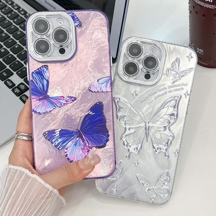 For iPhone 16e Plating Texture Butterfly TPU Phone Case with Glitter Lens Film(Purple Butterflies HU4) - iPhone 16e Cases by PMC TechLife | Online Shopping South Africa | PMC TechLife | Buy Now Pay Later Mobicred