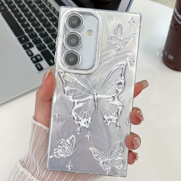 For Samsung Galaxy S25 5G Plating Texture Butterfly TPU Phone Case with Glitter Lens Film(Silver Butterflies HU6) - Galaxy S25 5G Cases by PMC Jewellery | Online Shopping South Africa | PMC Jewellery | Buy Now Pay Later Mobicred