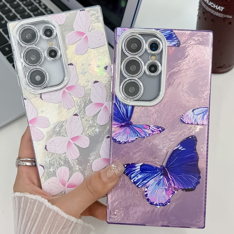For Samsung Galaxy S25 Ultra 5G Plating Texture Butterfly TPU Phone Case with Glitter Lens Film(Purple Butterflies HU4) - Galaxy S25 Ultra 5G Cases by PMC Jewellery | Online Shopping South Africa | PMC Jewellery | Buy Now Pay Later Mobicred