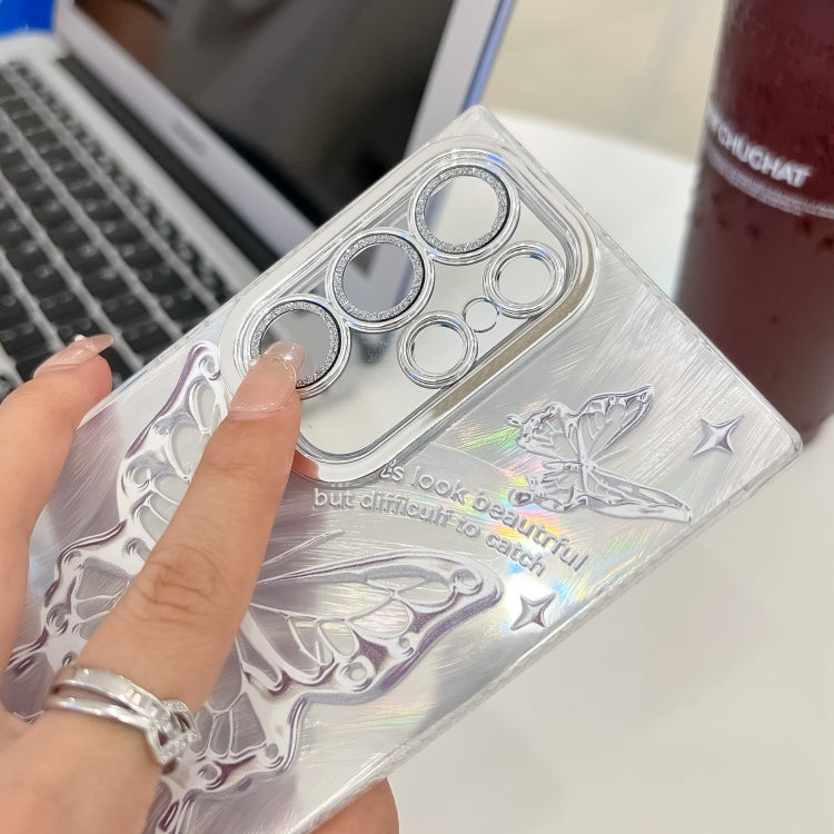 For Samsung Galaxy S25 Ultra 5G Plating Texture Butterfly TPU Phone Case with Glitter Lens Film(Silver Butterflies HU6) - Galaxy S25 Ultra 5G Cases by PMC Jewellery | Online Shopping South Africa | PMC Jewellery | Buy Now Pay Later Mobicred