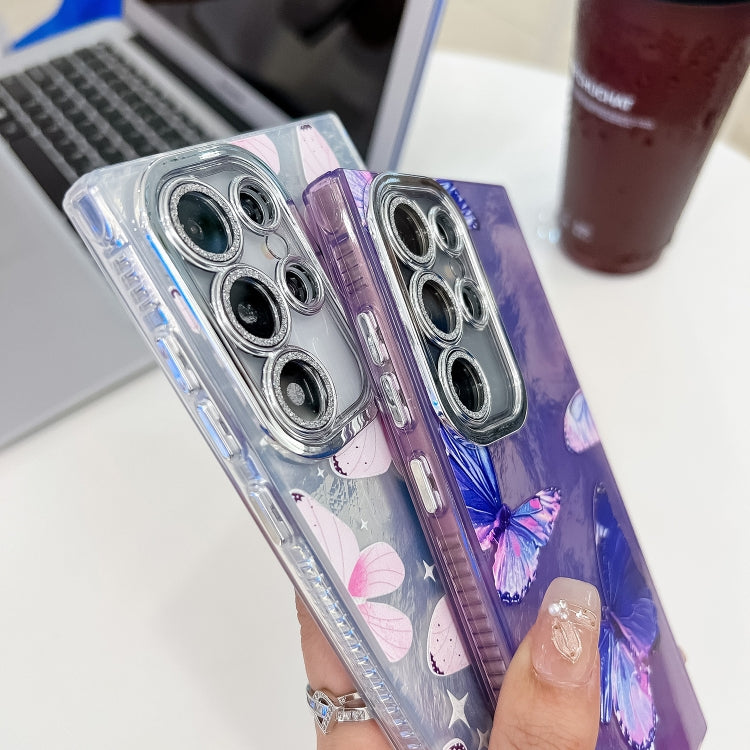 For Samsung Galaxy S25 Ultra 5G Plating Texture Butterfly TPU Phone Case with Glitter Lens Film(Blue Butterflies HU3) - Galaxy S25 Ultra 5G Cases by PMC Jewellery | Online Shopping South Africa | PMC Jewellery | Buy Now Pay Later Mobicred