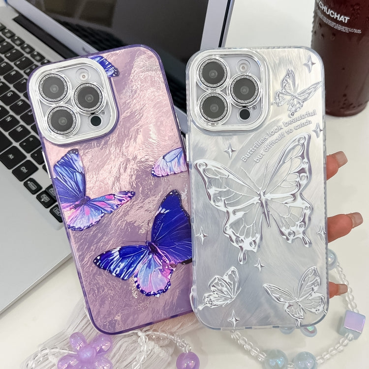 For iPhone 16e Plating Texture Butterfly Wristband TPU Phone Case with Glitter Lens Film(Purple Butterflies HU4) - iPhone 16e Cases by PMC TechLife | Online Shopping South Africa | PMC TechLife | Buy Now Pay Later Mobicred