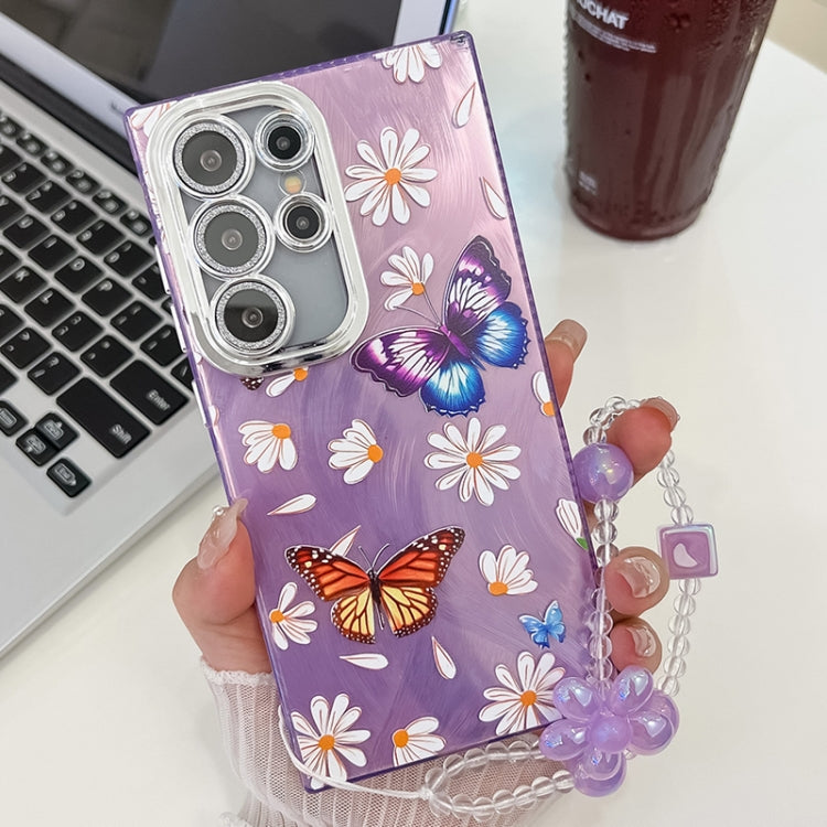 For Samsung Galaxy S25 Ultra 5G Plating Texture Butterfly Wristband TPU Phone Case with Glitter Lens Film(Daisy Butterflies HU2) - free shipping - PMC Jewellery - Order now!