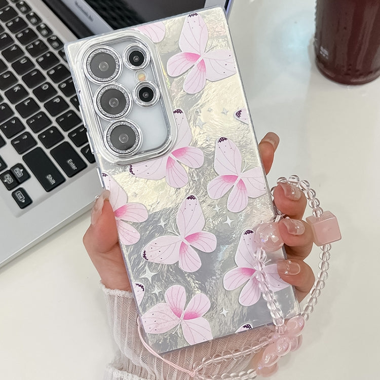 For Samsung Galaxy S25 Ultra 5G Plating Texture Butterfly Wristband TPU Phone Case with Glitter Lens Film(Pink Butterflies HU5) - Galaxy S25 Ultra 5G Cases by PMC Jewellery | Online Shopping South Africa | PMC Jewellery | Buy Now Pay Later Mobicred