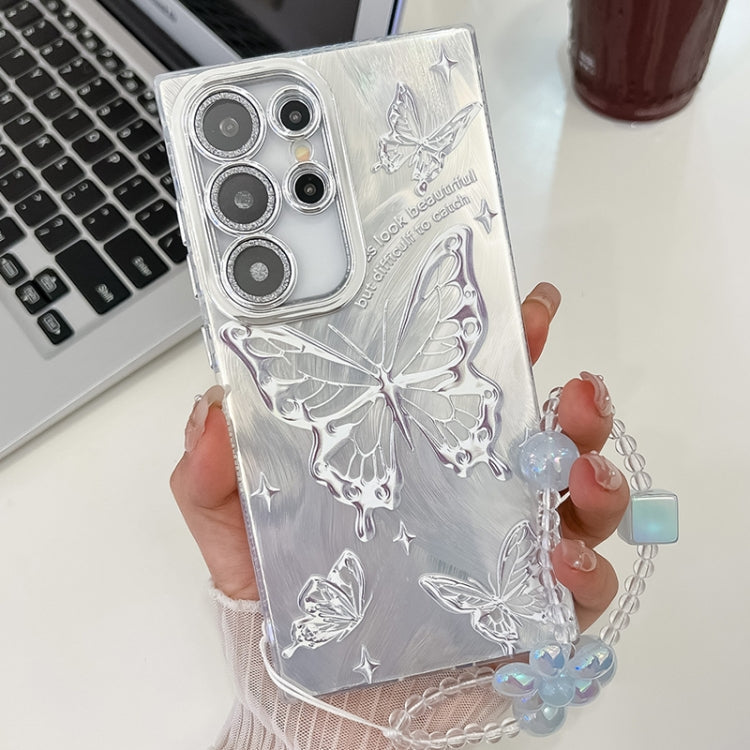 For Samsung Galaxy S25 Ultra 5G Plating Texture Butterfly Wristband TPU Phone Case with Glitter Lens Film(Silver Butterflies HU6) - Galaxy S25 Ultra 5G Cases by PMC Jewellery | Online Shopping South Africa | PMC Jewellery | Buy Now Pay Later Mobicred