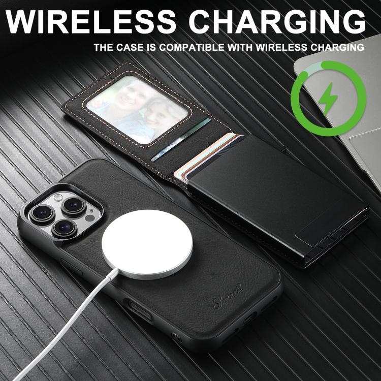 For iPhone 16e Suteni H19 Litchi Grain 2-in-1 MagSafe Removable Card Box Back Phone Case(Black) - free shipping - PMC TechLife - Order now!