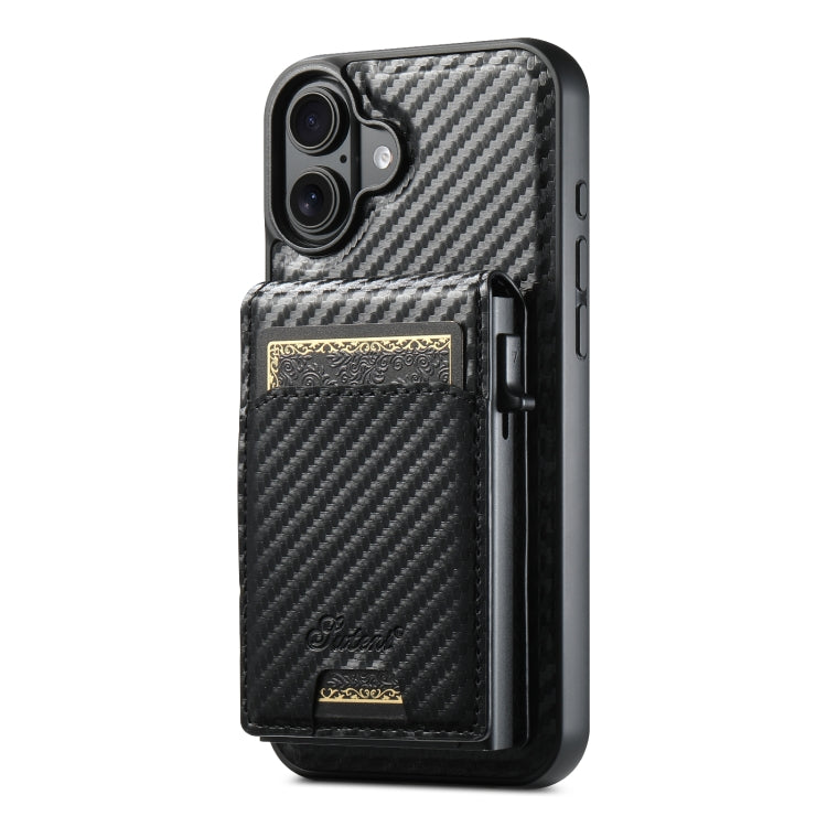 For iPhone 16 Suteni H19 Carbon Fiber Grain 2-in-1 MagSafe Removable Card Box Back Phone Case(Black) - iPhone 16 Cases by Suteni | Online Shopping South Africa | PMC Jewellery | Buy Now Pay Later Mobicred