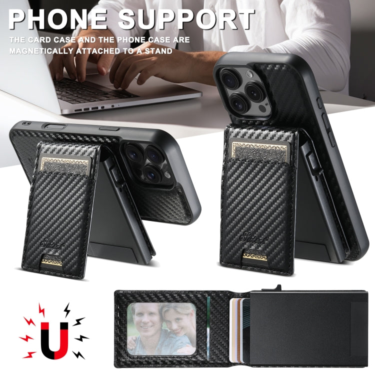 For iPhone 16 Plus Suteni H19 Carbon Fiber Grain 2-in-1 MagSafe Removable Card Box Back Phone Case(Black) - iPhone 16 Plus Cases by Suteni | Online Shopping South Africa | PMC Jewellery | Buy Now Pay Later Mobicred