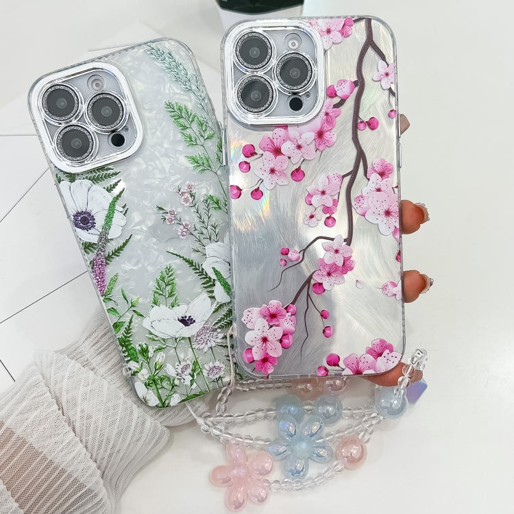 For iPhone 16e Electroplating Flowers Plants Texture Wristband TPU Phone Case(Peony FL14) - iPhone 16e Cases by PMC TechLife | Online Shopping South Africa | PMC TechLife | Buy Now Pay Later Mobicred