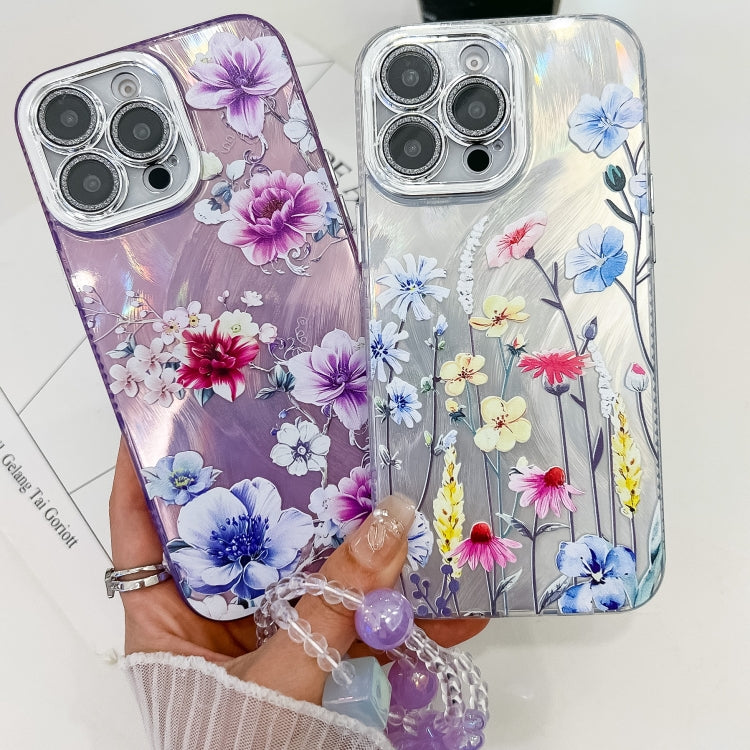 For iPhone 16e Electroplating Flowers Plants Texture Wristband TPU Phone Case(Peony FL14) - iPhone 16e Cases by PMC TechLife | Online Shopping South Africa | PMC TechLife | Buy Now Pay Later Mobicred