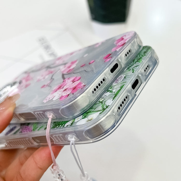 For iPhone 16e Electroplating Flowers Plants Texture Wristband TPU Phone Case(Plum Flower FL6) - iPhone 16e Cases by PMC TechLife | Online Shopping South Africa | PMC TechLife | Buy Now Pay Later Mobicred
