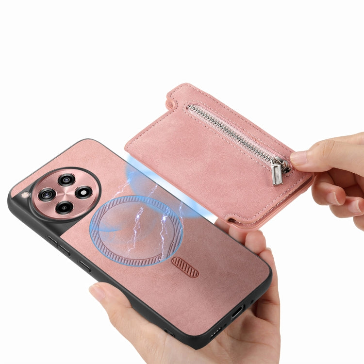 For OnePlus Ace 3 5G / 12R 5G Retro MagSafe Zipper Wallet Card Bag Back Phone Case(Pink) - OnePlus Cases by PMC TechLife | Online Shopping South Africa | PMC TechLife | Buy Now Pay Later Mobicred