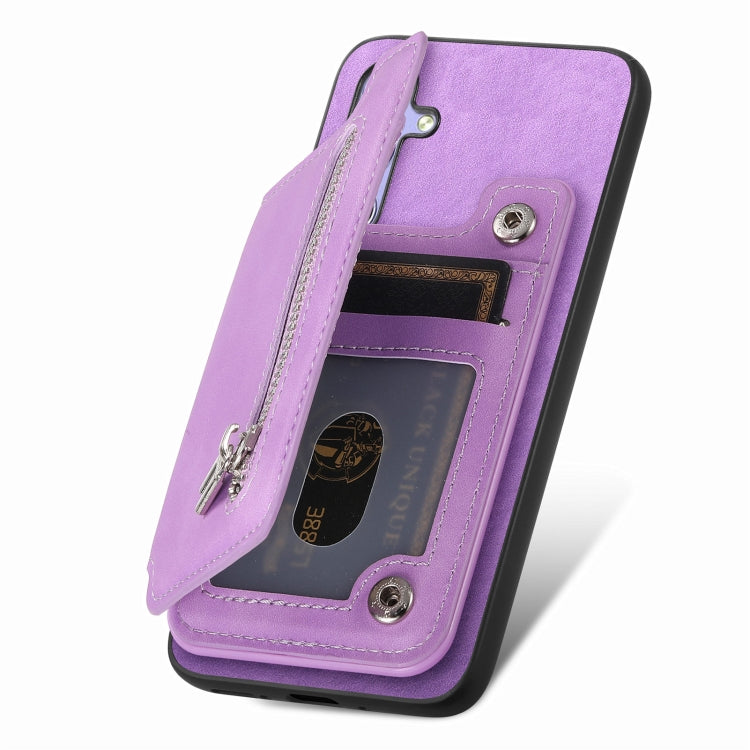 For OnePlus Ace 3 5G / 12R 5G Retro MagSafe Zipper Wallet Card Bag Back Phone Case(Purple) - OnePlus Cases by PMC TechLife | Online Shopping South Africa | PMC TechLife | Buy Now Pay Later Mobicred