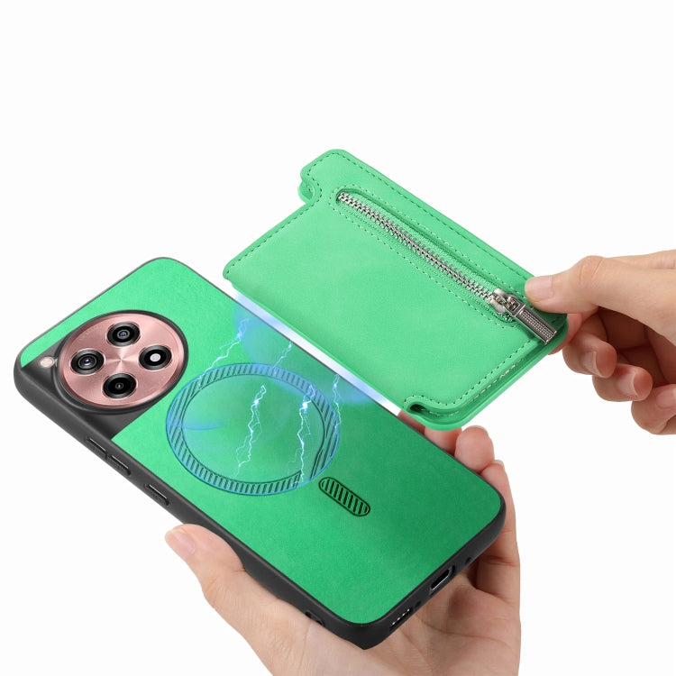 For OnePlus Ace 3 5G / 12R 5G Retro MagSafe Zipper Wallet Card Bag Back Phone Case(Green) - OnePlus Cases by PMC TechLife | Online Shopping South Africa | PMC TechLife | Buy Now Pay Later Mobicred