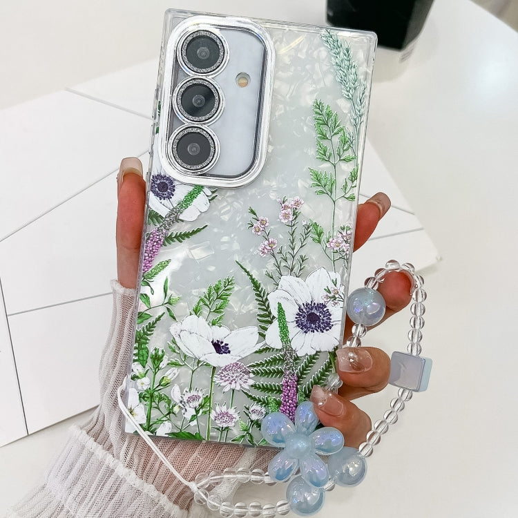 For Samsung Galaxy S25 5G Electroplating Flowers Plants Texture Wristband TPU Phone Case(Green Plants FL5) - Galaxy S25 5G Cases by PMC Jewellery | Online Shopping South Africa | PMC Jewellery | Buy Now Pay Later Mobicred