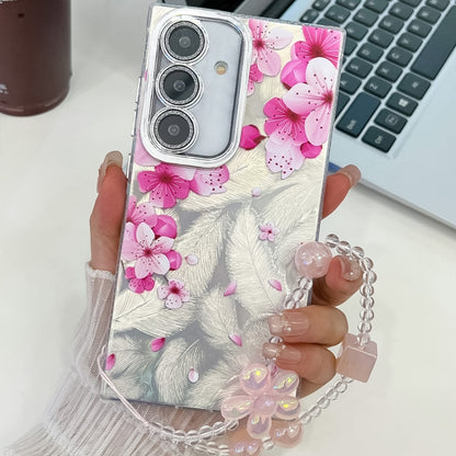 For Samsung Galaxy S25+ 5G Electroplating Flowers Plants Texture Wristband TPU Phone Case(Peach Blossom FL18) - Galaxy S25+ 5G Cases by PMC Jewellery | Online Shopping South Africa | PMC Jewellery | Buy Now Pay Later Mobicred